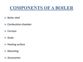 Boiler shell
Combustion chamber
Furnace
Grate
Heating surface
Mounting
Accessories
COMPONENTS OF A BOILER
 