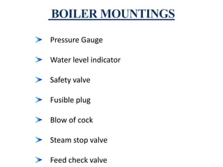 Pressure Gauge
Water level indicator
Safety valve
Fusible plug
Blow of cock
Steam stop valve
Feed check valve
 