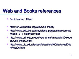 Web and Books referencesWeb and Books references
 Book Name : AlbertBook Name : Albert
 http://en.wikipedia.org/wiki/Cell_theoryhttp://en.wikipedia.org/wiki/Cell_theory
 http://www.edu.pe.ca/gray/class_pages/smaccormachttp://www.edu.pe.ca/gray/class_pages/smaccormac
k/topic_2_1_celltheory.pdfk/topic_2_1_celltheory.pdf
 http://www.princeton.edu/~achaney/tmve/wiki100k/dohttp://www.princeton.edu/~achaney/tmve/wiki100k/do
cs/Cell_theory.htmlcs/Cell_theory.html
 http://www.uic.edu/classes/bios/bios100/lecturesf04ahttp://www.uic.edu/classes/bios/bios100/lecturesf04a
m/lect06.htmm/lect06.htm
23
 