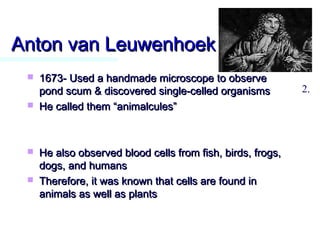 Anton van LeuwenhoekAnton van Leuwenhoek
 1673- Used a handmade microscope to observe1673- Used a handmade microscope to observe
pond scum & discovered single-celled organismspond scum & discovered single-celled organisms
 He called them “animalcules”He called them “animalcules”
 He also observed blood cells from fish, birds, frogs,He also observed blood cells from fish, birds, frogs,
dogs, and humansdogs, and humans
 Therefore, it was known that cells are found inTherefore, it was known that cells are found in
animals as well as plantsanimals as well as plants
2.
 