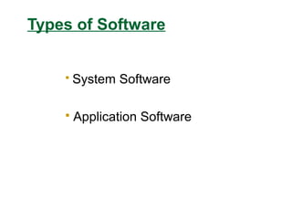 Types of Software
 System Software
 Application Software
 