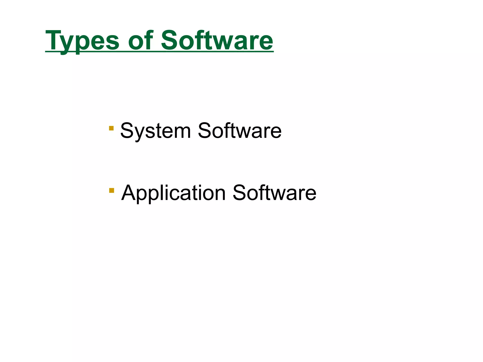 Types of Software
 System Software
 Application Software
 