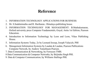 Reference
1. INFORMATION TECHNOLOGY APPLICATIONS FOR BUSINESS:
2. Dr. S.Sudalaimuthu and R. Hariharan.: Himalaya publishing house.
3. INFORMATION TECHNOLOGY FOR MANAGEMENT: B.Muthukumaran,
Oxford university press Computer Fundamentals, Goyal, Anita 1st Edition, Pearson
Education.
4. Introduction to Information Technology by Leon and Leon, Vikas Publishing
House.
5. Information Systems Today, 2e by Leonard Jessup, Joseph Valacich, PHI
6. Management Information Systems by Laudan & Laudan, Pearson Publications
Computer Network, by Andrew Tannebaum Pearson.
7. Data Communication & Networking, by Forouzen TMH.
8 Data Communication & Computer Networks, by Brijindra Singh PHI.
9. Data & Computer Communication, by Williams Stallings PHI.
 