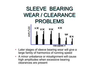 SLEEVE BEARING
WEAR / CLEARANCE
PROBLEMS
SLEEVE BEARING
WEAR / CLEARANCE
PROBLEMS
• Later stages of sleeve bearing wear will give a
large family of harmonics of running speed
• A minor unbalance or misalignment will cause
high amplitudes when excessive bearing
clearances are present
 