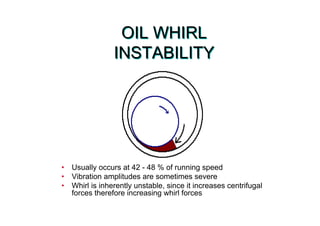 OIL WHIRL
INSTABILITY
OIL WHIRL
INSTABILITY
• Usually occurs at 42 - 48 % of running speed
• Vibration amplitudes are sometimes severe
• Whirl is inherently unstable, since it increases centrifugal
forces therefore increasing whirl forces
 