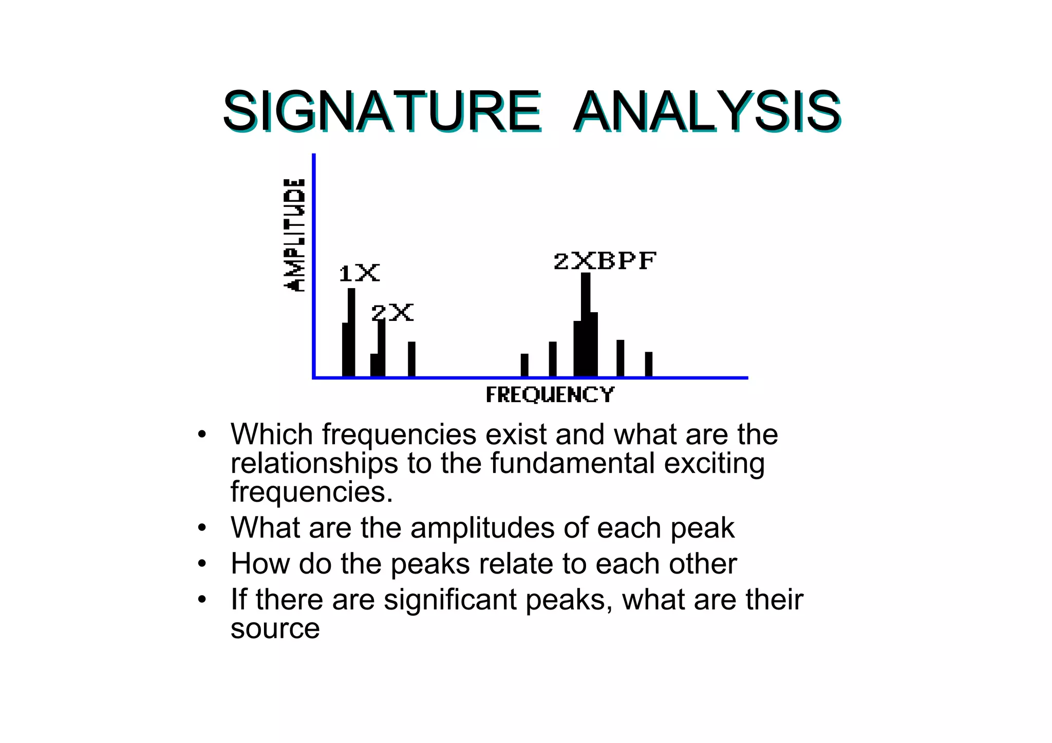 SIGNATURE ANALYSISSIGNATURE ANALYSIS
• Which frequencies exist and what are the
relationships to the fundamental exciting
frequencies.
• What are the amplitudes of each peak
• How do the peaks relate to each other
• If there are significant peaks, what are their
source
 