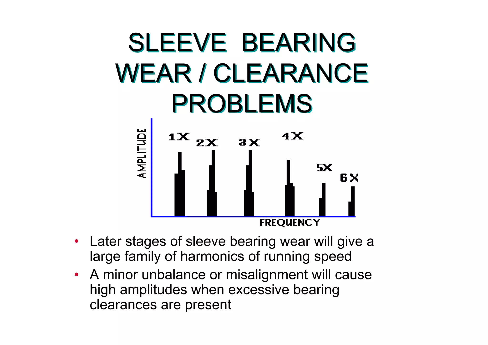 SLEEVE BEARING
WEAR / CLEARANCE
PROBLEMS
SLEEVE BEARING
WEAR / CLEARANCE
PROBLEMS
• Later stages of sleeve bearing wear will give a
large family of harmonics of running speed
• A minor unbalance or misalignment will cause
high amplitudes when excessive bearing
clearances are present
 
