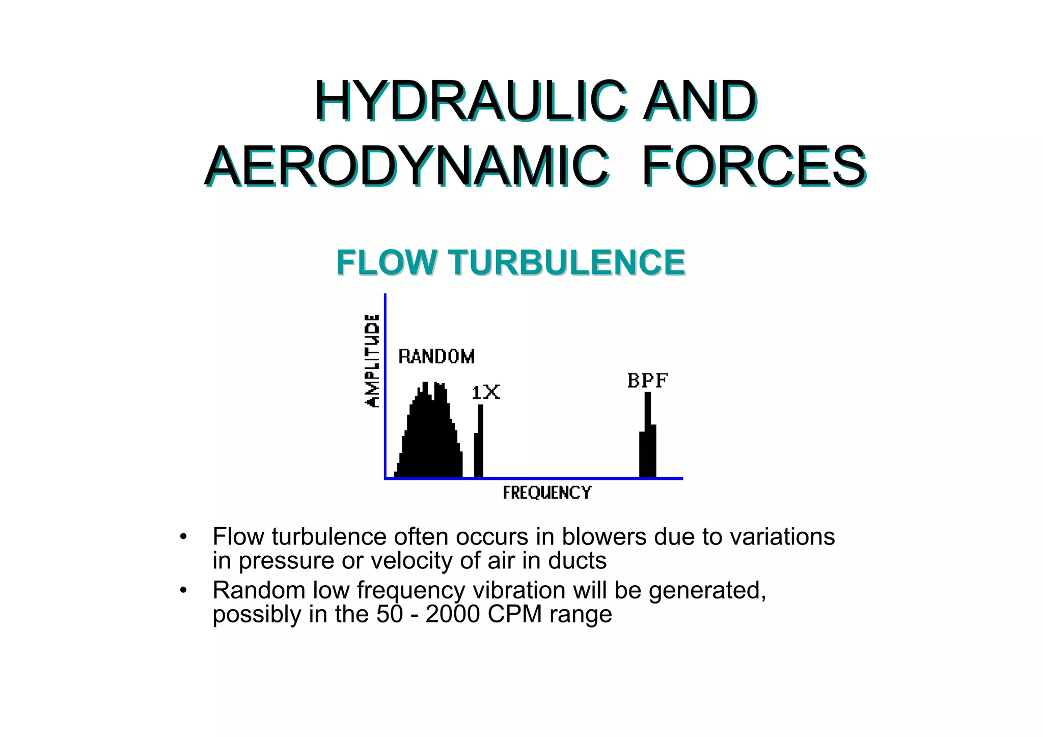 HYDRAULIC AND
AERODYNAMIC FORCES
HYDRAULIC AND
AERODYNAMIC FORCES
• Flow turbulence often occurs in blowers due to variations
in pressure or velocity of air in ducts
• Random low frequency vibration will be generated,
possibly in the 50 - 2000 CPM range
• Flow turbulence often occurs in blowers due to variations
in pressure or velocity of air in ducts
• Random low frequency vibration will be generated,
possibly in the 50 - 2000 CPM range
FLOW TURBULENCEFLOW TURBULENCE
 