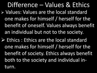 Difference – Values & Ethics
 Values: Values are the local standard
one makes for himself / herself for the
benefit of oneself. Values always benefit
an individual but not to the society.
 Ethics : Ethics are the local standard
one makes for himself / herself for the
benefit of society. Ethics always benefit
both to the society and individual in-
turn.
 