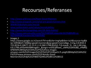 Recourses/Referanses
• http://www.wikihow.com/Have-Good-Manners
• http://www.wisegeek.com/what-are-good-manners.htm
• WWW.Slideshare.com/morals
• www.authorstrem.com/values/morals/ethics
• http://www.thechangeblog.com/24-daily-habits/
• http://www.nancymueller.com/%E2%80%9Cetiquette%E2%80%9D-vs-
%E2%80%9Cmanners%E2%80%9D/
• Images 1
https://www.google.co.in/search?hl=en&site=imghp&tbm=isch&source=hp&b
iw=1093&bih=506&q=good+manners&oq=good+manne&gs_l=img.3.0.0l10.3
725.8216.0.10677.12.11.0.1.1.0.360.1798.0j1j5j1.7.0.msedr...0...1ac.1.60.img..
4.8.1798.olYlZeXKh90#imgdii=_&imgrc=eiEALq9fawC_UM%253A%3BZ_vYfdRQ
SP8iKM%3Bhttp%253A%252F%252Fecx.images-
amazon.com%252Fimages%252FI%252F51tXJye1L7L.png%3Bhttp%253A%252
F%252Fwww.amazon.com%252FiKandy-Good-
Manners%252Fdp%252FB007Q34KLO%3B512%3B512
 