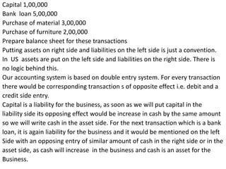 Capital 1,00,000
Bank loan 5,00,000
Purchase of material 3,00,000
Purchase of furniture 2,00,000
Prepare balance sheet for these transactions
Putting assets on right side and liabilities on the left side is just a convention.
In US assets are put on the left side and liabilities on the right side. There is
no logic behind this.
Our accounting system is based on double entry system. For every transaction
there would be corresponding transaction s of opposite effect i.e. debit and a
credit side entry.
Capital is a liability for the business, as soon as we will put capital in the
liability side its opposing effect would be increase in cash by the same amount
so we will write cash in the asset side. For the next transaction which is a bank
loan, it is again liability for the business and it would be mentioned on the left
Side with an opposing entry of similar amount of cash in the right side or in the
asset side, as cash will increase in the business and cash is an asset for the
Business.
 