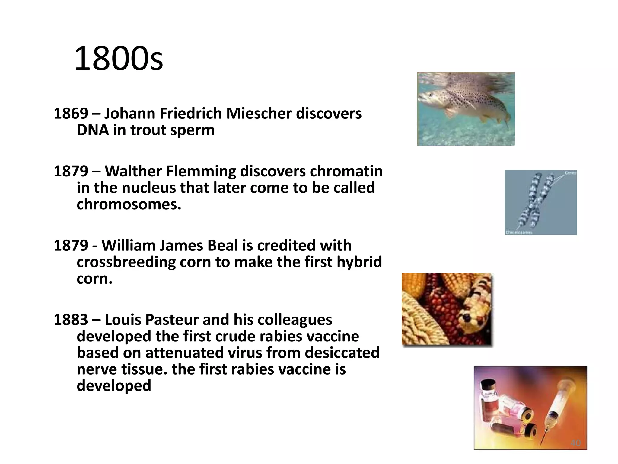 1800s
1869 – Johann Friedrich Miescher discovers
DNA in trout sperm
1879 – Walther Flemming discovers chromatin
in the nucleus that later come to be called
chromosomes.
1879 - William James Beal is credited with
crossbreeding corn to make the first hybrid
corn.
1883 – Louis Pasteur and his colleagues
developed the first crude rabies vaccine
based on attenuated virus from desiccated
nerve tissue. the first rabies vaccine is
developed
40
 