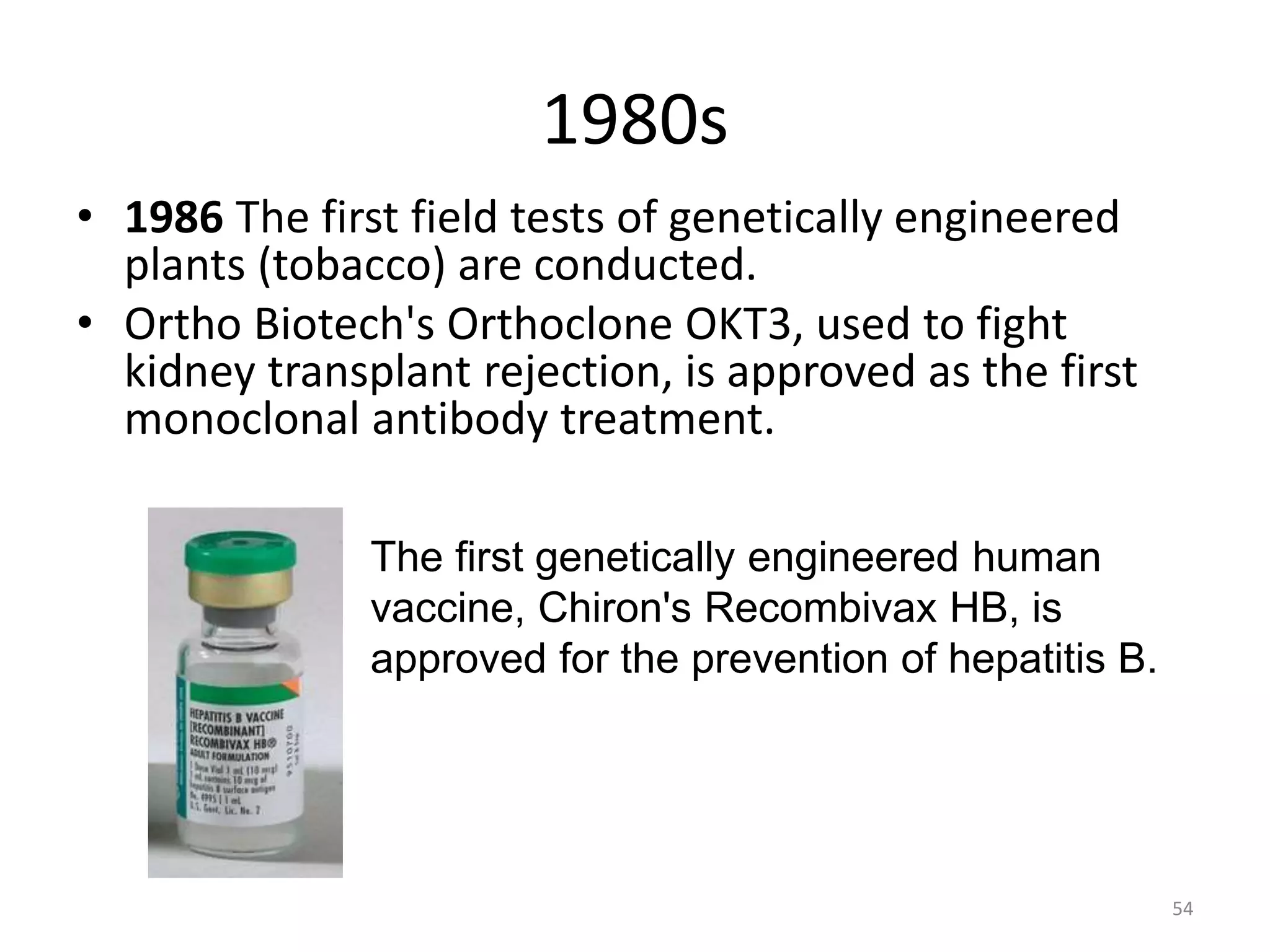 1980s
• 1986 The first field tests of genetically engineered
plants (tobacco) are conducted.
• Ortho Biotech's Orthoclone OKT3, used to fight
kidney transplant rejection, is approved as the first
monoclonal antibody treatment.
The first genetically engineered human
vaccine, Chiron's Recombivax HB, is
approved for the prevention of hepatitis B.
54
 