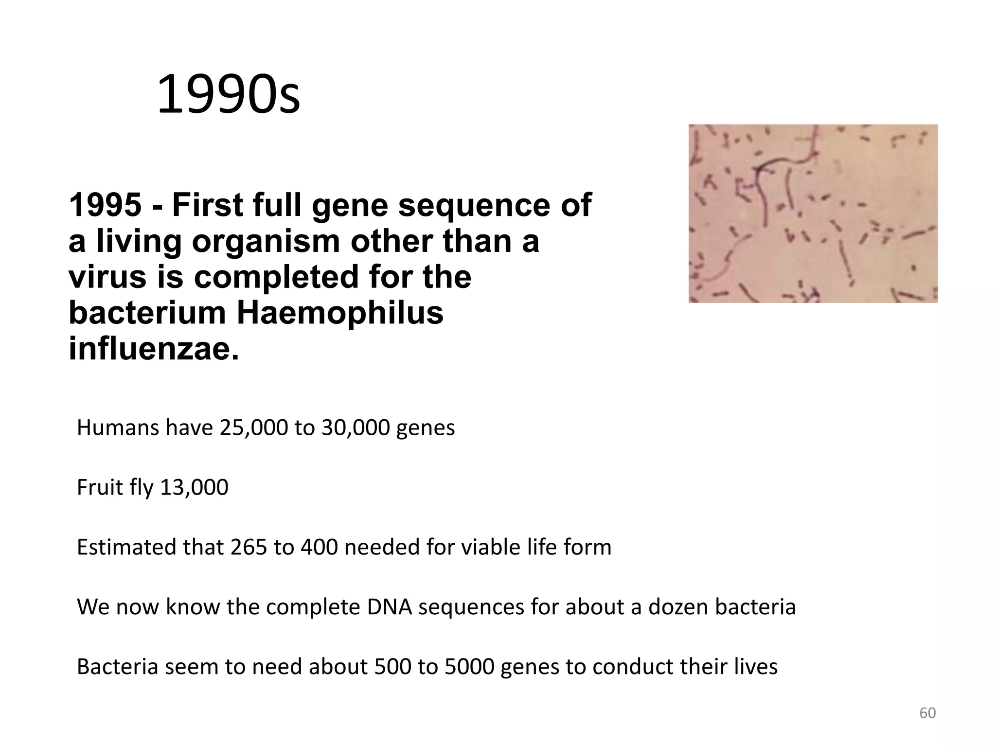 1990s
1995 - First full gene sequence of
a living organism other than a
virus is completed for the
bacterium Haemophilus
influenzae.
Humans have 25,000 to 30,000 genes
Fruit fly 13,000
Estimated that 265 to 400 needed for viable life form
We now know the complete DNA sequences for about a dozen bacteria
Bacteria seem to need about 500 to 5000 genes to conduct their lives
60
 