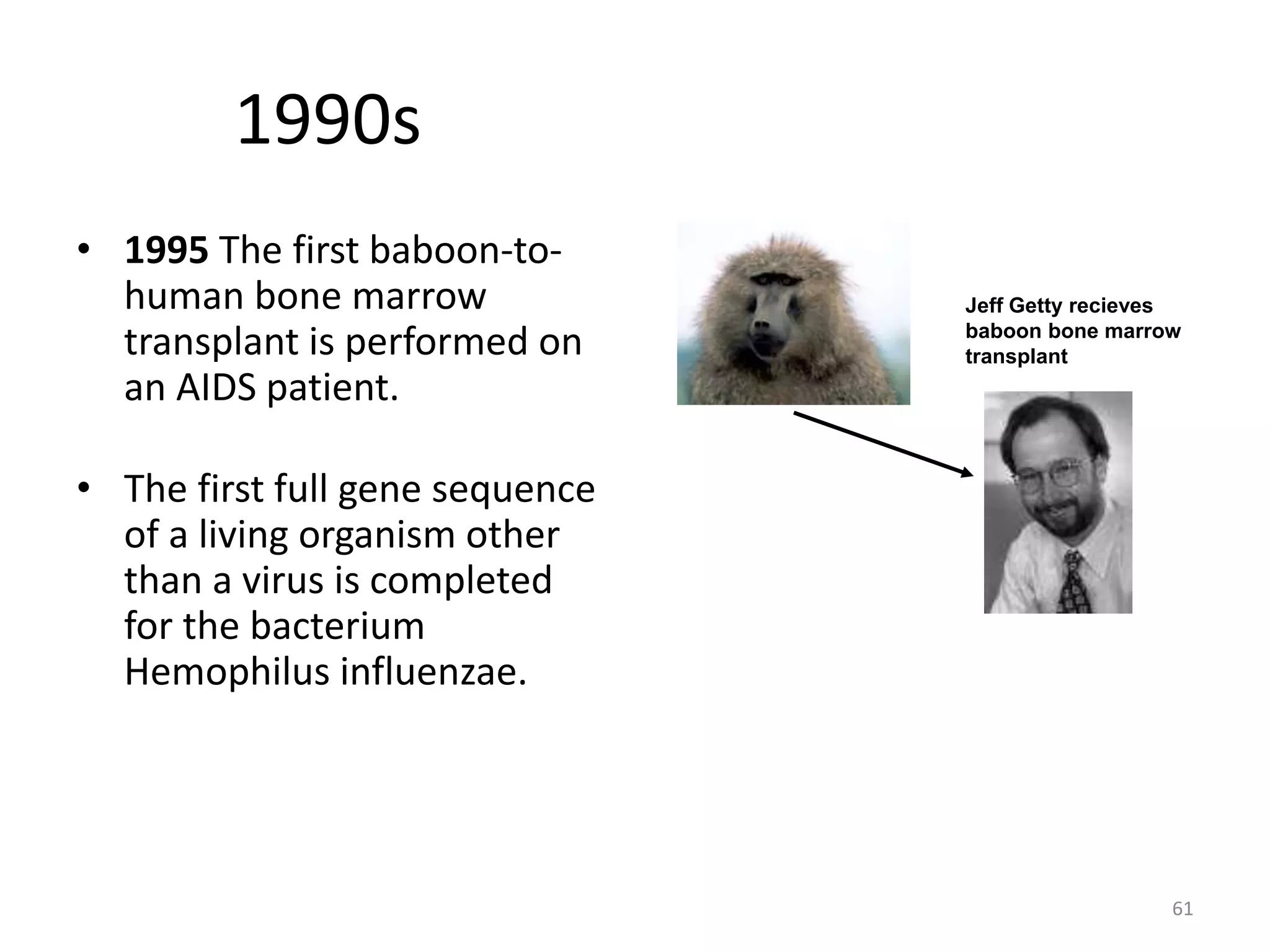 1990s
• 1995 The first baboon-to-
human bone marrow
transplant is performed on
an AIDS patient.
• The first full gene sequence
of a living organism other
than a virus is completed
for the bacterium
Hemophilus influenzae.
Jeff Getty recieves
baboon bone marrow
transplant
61
 