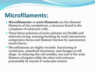 Microfilaments:
 Microfilaments or actin filaments are the thinnest
filaments of the cytoskeleton, a structure found in the
cytoplasm of eukaryotic cells.
 These linear polymers of actin subunits are flexible and
relatively strong, resisting buckling by multi-piconewton
compressive forces and filament fracture by nanonewton
tensile forces.
 Microfilaments are highly versatile, functioning in
cytokinesis, amoeboid movement, and changes in cell
shape. In inducing this cell motility, one end of the actin
filament elongates while the other end contracts,
presumably by myosin II molecular motors.
 
