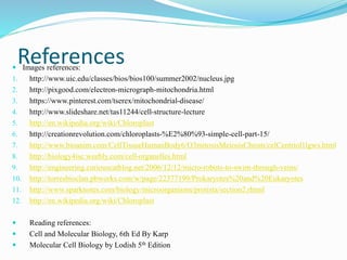 References Images references:
1. http://www.uic.edu/classes/bios/bios100/summer2002/nucleus.jpg
2. http://pixgood.com/electron-micrograph-mitochondria.html
3. https://www.pinterest.com/tserex/mitochondrial-disease/
4. http://www.slideshare.net/tas11244/cell-structure-lecture
5. http://en.wikipedia.org/wiki/Chloroplast
6. http://creationrevolution.com/chloroplasts-%E2%80%93-simple-cell-part-15/
7. http://www.bioanim.com/CellTissueHumanBody6/O3mitosisMeiosisChrom/celCentriol1lgws.html
8. http://biology4isc.weebly.com/cell-organelles.html
9. http://engineering.curiouscatblog.net/2006/12/12/micro-robots-to-swim-through-veins/
10. http://torresbioclan.pbworks.com/w/page/22377199/Prokaryotes%20and%20Eukaryotes
11. http://www.sparknotes.com/biology/microorganisms/protista/section2.rhtml
12. http://en.wikipedia.org/wiki/Chloroplast
 Reading references:
 Cell and Molecular Biology, 6th Ed By Karp
 Molecular Cell Biology by Lodish 5th Edition
 