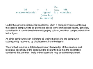 Under the correct experimental conditions, when a complex mixture containing
the specific compound to be purified is added to the immobilised ligand, generally
contained in a conventional chromatography column, only that compound will bind
to the ligand.
All other compounds can therefore be washed away and the compound
subsequently recovered by displacement from the ligand.
The method requires a detailed preliminary knowledge of the structure and
biological specificity of the compound to be purified so that the separation
conditions that are most likely to be successful may be carefully planned.
 