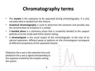 Chromatography terms
• The analyte is the substance to be separated during chromatography. It is also
normally what is needed from the mixture.
• Analytical chromatography is used to determine the existence and possibly also
the concentration of analyte(s) in a sample.
• A bonded phase is a stationary phase that is covalently bonded to the support
particles or to the inside wall of the column tubing.
• A chromatogram is the visual output of the chromatograph. In the case of an
optimal separation, different peaks or patterns on the chromatogram correspond
to different components of the separated mixture.
Plotted on the x-axis is the retention time and
plotted on the y-axis a signal corresponding to
the response created by the analytes exiting
the system.
2.
 