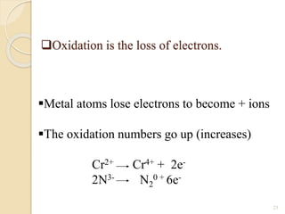 Oxidation is the loss of electrons.
23
Metal atoms lose electrons to become + ions
The oxidation numbers go up (increases)
Cr2+ Cr4+ + 2e-
2N3- N2
0 + 6e-
 