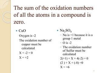 The sum of the oxidation numbers
of all the atoms in a compound is
zero.
 Na2SO4
◦ Na is +1 because it is a
group 1 metal
◦ O is -2
◦ The oxidation number
of Sulfur must be
calculated
2(+1) + X + 4(-2) = 0
(2 ) + X + (-8) =0
X = +6
 CuO
Oxygen is -2
The oxidation number of
copper must be
calculated
X + -2 = 0
X = +2
25
 