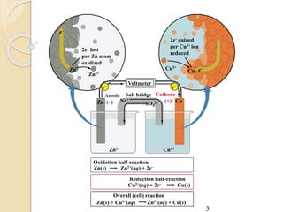 Cu2+
e–
Cu
2e– gained
per Cu2+ ion
reduced
Zn2+
Zn
Oxidation half-reaction
Reduction half-reaction
Overall (cell) reaction
Zn(s) + Cu2+(aq)
Cu2+(aq) + 2e–
Zn(s)
Salt bridge
Zn2+ Cu2+
Na+
Zn CuSO4
2–
Zn2+(aq) + 2e–
Cu(s)
Zn2+(aq) + Cu(s)
Voltmeter
e–
e–
Anode
(–)
Cathode
(+)
2e– lost
per Zn atom
oxidized
e–
3
 