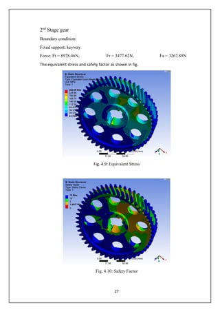 27
2nd
Stage gear
Boundary condition:
Fixed support: keyway
Force: Ft = 8978.46N, Fr = 3477.62N, Fa = 3267.89N
The equivalent stress and safety factor as shown in fig.
Fig. 4.9: Equivalent Stress
Fig. 4.10: Safety Factor
 