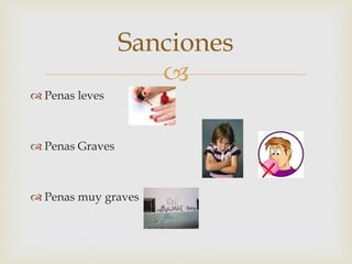 
 Penas leves
 Penas Graves
 Penas muy graves
Sanciones
 