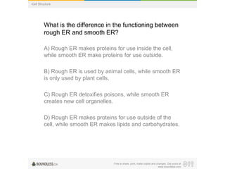 Free to share, print, make copies and changes. Get yours at
www.boundless.com
Cell Structure
What is the difference in the functioning between
rough ER and smooth ER?
A) Rough ER makes proteins for use inside the cell,
while smooth ER make proteins for use outside.
B) Rough ER is used by animal cells, while smooth ER
is only used by plant cells.
C) Rough ER detoxifies poisons, while smooth ER
creates new cell organelles.
D) Rough ER makes proteins for use outside of the
cell, while smooth ER makes lipids and carbohydrates.
 