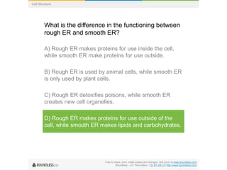 Free to share, print, make copies and changes. Get yours at www.boundless.com
Boundless - LO. "Boundless." CC BY-SA 3.0 http://www.boundless.com/
Cell Structure
What is the difference in the functioning between
rough ER and smooth ER?
A) Rough ER makes proteins for use inside the cell,
while smooth ER make proteins for use outside.
B) Rough ER is used by animal cells, while smooth ER
is only used by plant cells.
C) Rough ER detoxifies poisons, while smooth ER
creates new cell organelles.
D) Rough ER makes proteins for use outside of the
cell, while smooth ER makes lipids and carbohydrates.
 