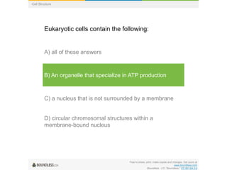 Free to share, print, make copies and changes. Get yours at
www.boundless.com
Boundless - LO. "Boundless." CC BY-SA 3.0
Cell Structure
Eukaryotic cells contain the following:
A) all of these answers
B) An organelle that specialize in ATP production
C) a nucleus that is not surrounded by a membrane
D) circular chromosomal structures within a
membrane-bound nucleus
 