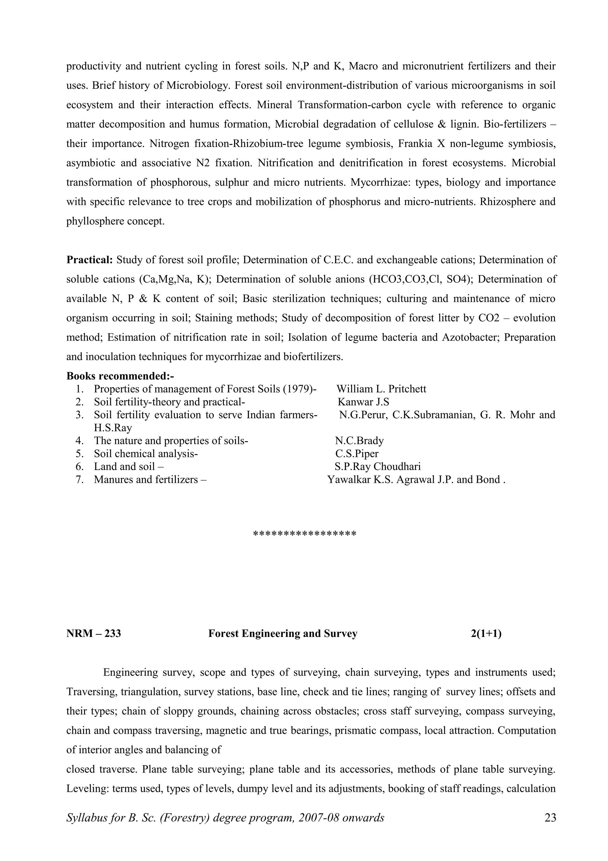 productivity and nutrient cycling in forest soils. N,P and K, Macro and micronutrient fertilizers and their
uses. Brief history of Microbiology. Forest soil environment-distribution of various microorganisms in soil
ecosystem and their interaction effects. Mineral Transformation-carbon cycle with reference to organic
matter decomposition and humus formation, Microbial degradation of cellulose & lignin. Bio-fertilizers –
their importance. Nitrogen fixation-Rhizobium-tree legume symbiosis, Frankia X non-legume symbiosis,
asymbiotic and associative N2 fixation. Nitrification and denitrification in forest ecosystems. Microbial
transformation of phosphorous, sulphur and micro nutrients. Mycorrhizae: types, biology and importance
with specific relevance to tree crops and mobilization of phosphorus and micro-nutrients. Rhizosphere and
phyllosphere concept.
Practical: Study of forest soil profile; Determination of C.E.C. and exchangeable cations; Determination of
soluble cations (Ca,Mg,Na, K); Determination of soluble anions (HCO3,CO3,Cl, SO4); Determination of
available N, P & K content of soil; Basic sterilization techniques; culturing and maintenance of micro
organism occurring in soil; Staining methods; Study of decomposition of forest litter by CO2 – evolution
method; Estimation of nitrification rate in soil; Isolation of legume bacteria and Azotobacter; Preparation
and inoculation techniques for mycorrhizae and biofertilizers.
Books recommended:-
1. Properties of management of Forest Soils (1979)- William L. Pritchett
2. Soil fertility-theory and practical- Kanwar J.S
3. Soil fertility evaluation to serve Indian farmers- N.G.Perur, C.K.Subramanian, G. R. Mohr and
H.S.Ray
4. The nature and properties of soils- N.C.Brady
5. Soil chemical analysis- C.S.Piper
6. Land and soil – S.P.Ray Choudhari
7. Manures and fertilizers – Yawalkar K.S. Agrawal J.P. and Bond .
*****************
NRM – 233 Forest Engineering and Survey 2(1+1)
Engineering survey, scope and types of surveying, chain surveying, types and instruments used;
Traversing, triangulation, survey stations, base line, check and tie lines; ranging of survey lines; offsets and
their types; chain of sloppy grounds, chaining across obstacles; cross staff surveying, compass surveying,
chain and compass traversing, magnetic and true bearings, prismatic compass, local attraction. Computation
of interior angles and balancing of
closed traverse. Plane table surveying; plane table and its accessories, methods of plane table surveying.
Leveling: terms used, types of levels, dumpy level and its adjustments, booking of staff readings, calculation
Syllabus for B. Sc. (Forestry) degree program, 2007-08 onwards 23
 