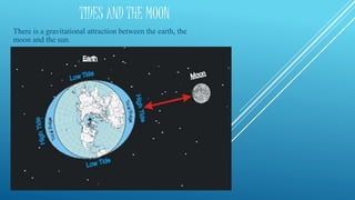 TIDES AND THE MOON
There is a gravitational attraction between the earth, the
moon and the sun.
 