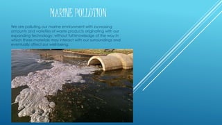 MARINE POLLUTION
We are polluting our marine environment with increasing
amounts and varieties of waste products originating with our
expanding technology, without full knowledge of the way in
which these materials may interact with our surroundings and
eventually affect our well-being.
 