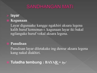  layar
 Kegunaan
Layar digunaake kangge ngakhiri aksara legena
kalih huruf konsonan r. kagunaan layar iki bakal
ngilangake huruf vokal aksara legena.
 Panulisan
Panulisan layar diletakake ing duwur aksara legena
kang nakal diakhiri.
 Tuladha tembung : BAYAR = by/
 