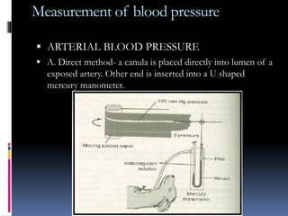 Measurement of blood pressure
 ARTERIAL BLOOD PRESSURE
 A. Direct method- a canula is placed directly into lumen of a
exposed artery. Other end is inserted into a U shaped
mercury manometer.
 