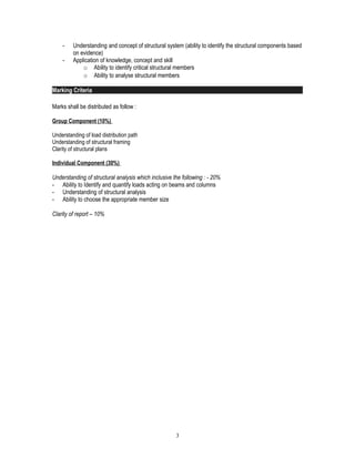 - Understanding and concept of structural system (ability to identify the structural components based
on evidence)
- Application of knowledge, concept and skill
o Ability to identify critical structural members
o Ability to analyse structural members
Marking Criteria
Marks shall be distributed as follow :
Group Component (10%)
Understanding of load distribution path
Understanding of structural framing
Clarity of structural plans
Individual Component (30%)
Understanding of structural analysis which inclusive the following : - 20%
- Ability to Identify and quantify loads acting on beams and columns
- Understanding of structural analysis
- Ability to choose the appropriate member size
Clarity of report – 10%
3
 