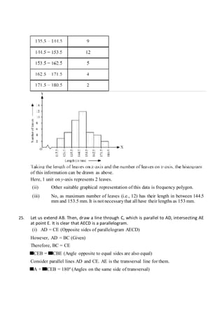of this information can be drawn as above.
Here, 1 unit on y-axis represents 2 leaves.
(ii) Other suitable graphical representation of this data is frequency polygon.
(iii) No, as maximum number of leaves (i.e., 12) has their length in between 144.5
mm and 153.5 mm. It is not necessarythat all have their lengths as 153 mm.
25. Let us extend AB. Then, draw a line through C, which is parallel to AD, intersecting AE
at point E. It is clear that AECD is a parallelogram.
(i) AD = CE (Opposite sides of parallelogram AECD)
However, AD = BC (Given)
Therefore, BC = CE
CEB = CBE (Angle opposite to equal sides are also equal)
Consider parallel lines AD and CE. AE is the transversal line for them.
A + CEB = 180º (Angles on the same side of transversal)
 