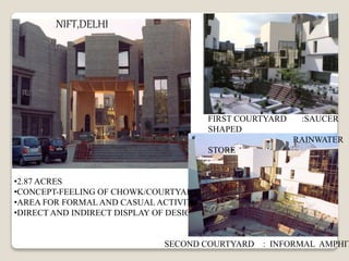 NIFT,DELHI
•2.87 ACRES
•CONCEPT-FEELING OF CHOWK/COURTYARD
•AREA FOR FORMAL AND CASUAL ACTIVITY,
•DIRECT AND INDIRECT DISPLAY OF DESIGN
SECOND COURTYARD : INFORMAL AMPHIT
FIRST COURTYARD :SAUCER
SHAPED
RAINWATER
STORE
 