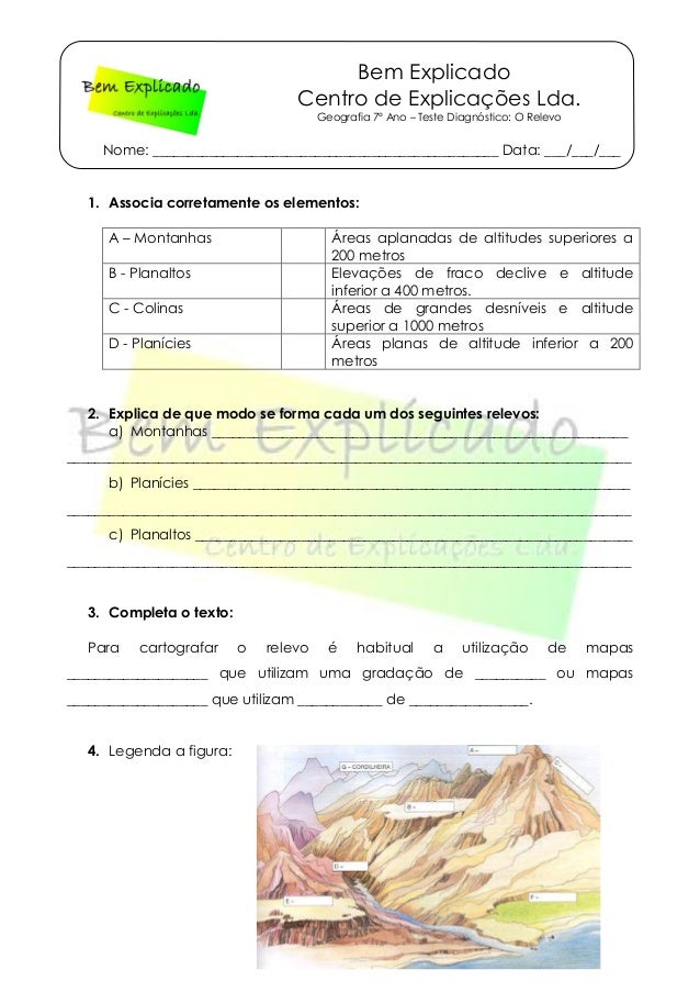 bemexplicado.pt
Bem Explicado
Centro de Explicações Lda.
Geografia 7º Ano – Teste Diagnóstico: O Relevo
Nome: ____________...