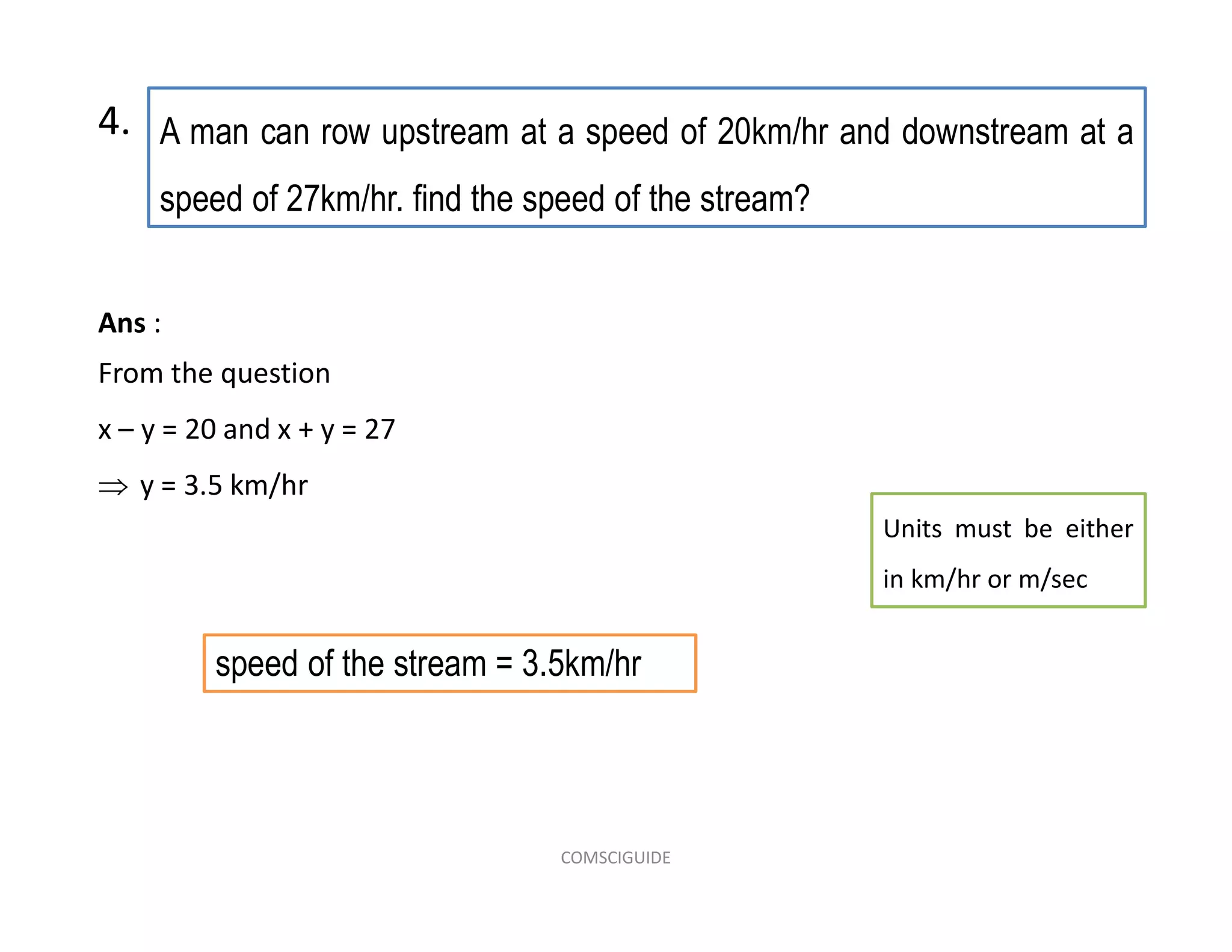 A man can row upstream at a speed of 20km/hr and downstream at a
speed of 27km/hr. find the speed of the stream?
4.
speed of the stream = 3.5km/hr
Ans :
From the question
x – y = 20 and x + y = 27
 y = 3.5 km/hr
Units must be either
in km/hr or m/sec
COMSCIGUIDE
 