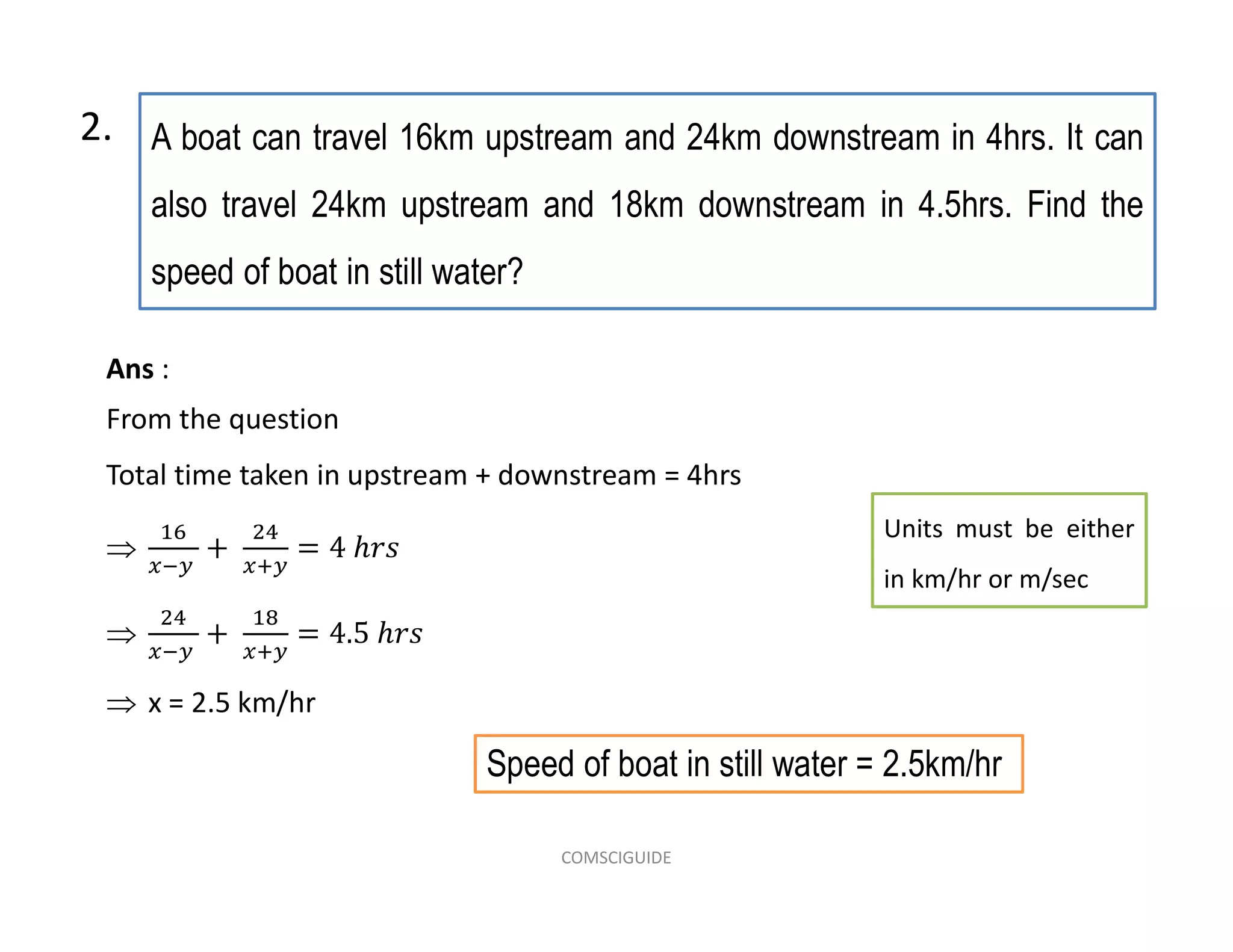 A boat can travel 16km upstream and 24km downstream in 4hrs. It can
also travel 24km upstream and 18km downstream in 4.5hrs. Find the
speed of boat in still water?
2.
Speed of boat in still water = 2.5km/hr
Ans :
From the question
Total time taken in upstream + downstream = 4hrs


 x = 2.5 km/hr
Units must be either
in km/hr or m/sec
COMSCIGUIDE
 