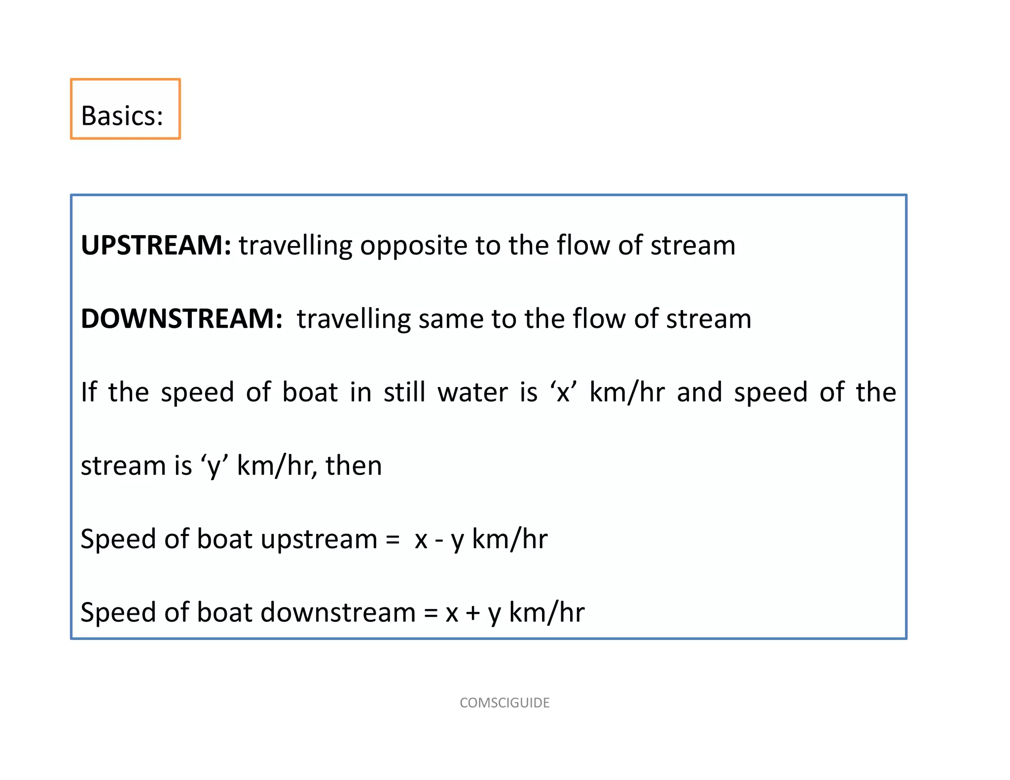 UPSTREAM: travelling opposite to the flow of stream
DOWNSTREAM: travelling same to the flow of stream
If the speed of boat in still water is ‘x’ km/hr and speed of the
stream is ‘y’ km/hr, then
Speed of boat upstream = x - y km/hr
Speed of boat downstream = x + y km/hr
Basics:
COMSCIGUIDE
 