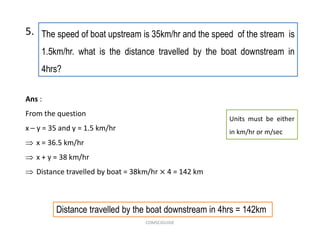 The speed of boat upstream is 35km/hr and the speed of the stream is
1.5km/hr. what is the distance travelled by the boat downstream in
4hrs?
5.
Distance travelled by the boat downstream in 4hrs = 142km
Ans :
From the question
x – y = 35 and y = 1.5 km/hr
 x = 36.5 km/hr
 x + y = 38 km/hr
 Distance travelled by boat = 38km/hr 4 = 142 km
Units must be either
in km/hr or m/sec
COMSCIGUIDE
 