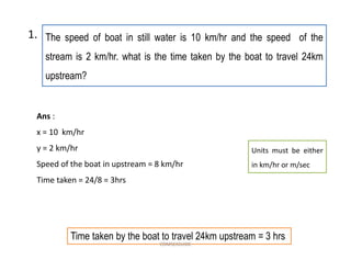 The speed of boat in still water is 10 km/hr and the speed of the
stream is 2 km/hr. what is the time taken by the boat to travel 24km
upstream?
1.
Ans :
x = 10 km/hr
y = 2 km/hr
Speed of the boat in upstream = 8 km/hr
Time taken = 24/8 = 3hrs
Time taken by the boat to travel 24km upstream = 3 hrs
Units must be either
in km/hr or m/sec
COMSCIGUIDE
 