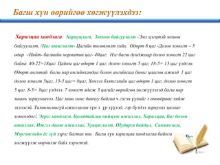 Харилцаа хандлага: Хариуцлага, Зохион байгуулалт -Эмх цэгцтэй зохион
байгуулалт, /Цаг ашиглалт- Цагийн төлөвлөлт хийх. Өдөрт 8 цаг -Долоо хоногт – 5
өдөр –Нийт- багшийн норматив цаг- 40цаг. Нэг багш дунджаар долоо хоногт 22 цаг
байна. 40-22=18цаг. Цайны цаг өдөрт 1 цаг, долоо хоногт 5 цаг, 18-5= 13 цаг үлдсэн.
Өдөрт ангитай багш нар ангийнхандаа болон ангийнхаа бичиг цаасны ажилд 1 цаг
долоо хоногт 5цаг, 13-5 цаг= 8цаг, Хичээл бэлтгэлийн цаг өдөрт 1 цаг, долоо хоногт
5 цаг, 8-5= 3цаг үлдлээ. 7 хоногт ядаж 3 цагийг өөрийгөө хөгжүүлэхэд багш нар
маань зориулаачээ. Цаг маш хомс давчуу байгаа ч гэсэн үүнийг л өнөөдрөөс хийж
эхлээсэй. Төлөвлөгөөгүй ажилласан хүн л үр хүүхэд, гэр бүлдээ зориулах цагаас
хомсолдог/, Эерэг хандлага, Бусадтайгаа нийцэж ажиллах, Харилцаа, Баг болон
ажиллах, Итгэл дааж ажиллах, Хувцаслалт, Шударга байдал, Санаачлага,
Мэргэжлийн ёс зүй зэрэг багтах юм. Багш хүн харилцаа хандлагаа байнга
хөгжүүлж өөрчилж байх хэрэгтэй.
 