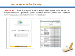 Зорилго нь: Багш бүр өөрийн дэвтэр хөтөлснөөр өөрийн хийх ажлаа эмх
цэгцтэй төлөвлөн, гүйцэтгэх, цагаа оновчтой төлөвлөх, тайлагнах, өөрийгөө
хөгжүүлэх ажлын зохион байгуулалт сайтай болно.
 
