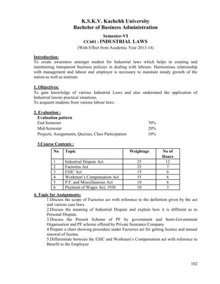 102
K.S.K.V. Kachchh University
Bachelor of Business Administration
Semester-VI
CC601 : INDUSTRIAL LAWS
(With Effect from Academic Year 2013-14)
Introduction:
To create awareness amongst student for Industrial laws which helps in creating and
maintaining transparent business policies in dealing with labours. Harmonious relationship
with management and labour and employer is necessary to maintain steady growth of the
nation as well as institute.
1. Objectives:
To gain knowledge of various Industrial Laws and also understand the application of
Industrial lawsto practical situations.
To acquaint students from various labour laws.
2. Evaluation :
Evaluation pattern
End Semester 70%
Mid-Semester 20%
Projects, Assignments, Quizzes, Class Participation
3.Course Contents :
10%
No Topic Weightage No of
Hours
1 Industrial Dispute Act 25 12
2 Factories Act 25 7
3 ESIC Act 15 6
4 Workmen‟s Compensation Act 15 6
5 P.F. and Miscellaneous Act 10 6
6 Payment of Wages Act, 1936 10 3
4. Topic for Assignments:
1.Discuss the scope of Factories act with reference to the definition given by the act
and various case laws.
2.Discuss the meaning of Industrial Dispute and explain how it is different as to
Personal Dispute.
3.Discuss the Present Scheme of PF by government and Semi-Government
Organisation and PF scheme offered by Private Insurance Company
4.Prepare a chart showing procedure under Factories act for getting licence and annual
renewal of license.
5.Differentiate between the ESIC and Workmen‟s Compensation act with reference to
Benefit to the Employee
 