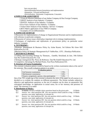 105
best cost provider)
•Interrelationship between formulation and implementation
•Integration : Forward and Backward
•Diversification : Horizontal, Conglomerate, Concentric
4.TOPICS FOR ASSIGNMENT
1.Vision & Mission Statement of one Indian Company & One Foreign Company
2.SWOT Analysis of any Industry / Company
3.PESTEL Analysis of any Industry / Company
4.Five Force Analysis of any Industry / Company
5.Value Chain Analysis of any Industry / Service / Company
6.BCG Matrix application of any FMCG Company
7.Examples of Cost differentiation
5. TOPICS OF SEMINAR
1.Discussion for implementation of change in Organisaitonal Structure and its implementation
with reference to particular company.
2.Discussion of various issues which plays important role in strategy implementation.
3.Techniques of implication and replications of government policy on particular sector
industry/ company.
6. TEXTBOOKS :
1)Strategic Management & Business Policy by Azhar Kazmi, 3rd Edition Mc Graw Hill
Publication Pvt Ltd.
2)Business Policy & Strategic Management by P. Subba Rao , GTU , Himalaya Publication.
7. REFERENCE BOOKS:
1.Crafting and Executing Strategy by Thomson, , Gamble, Strickland, & Jain, 18th Edition
Tata Mc Grahill Education Pvt. Ltd.
2.Strategic management By: Pierce & Robinson, Tata Mc Grahill Education Pvt. Ltd.
3.Competitive Advantage by Michael Porter, Free Press Publication,USA
8. Structure of Course Examination
The external evaluation pattern would be based on the written examination taken at the end of
the semester. The overall evaluation pattern is as under:
Evaluation pattern
End Semester examination 70%
Mid-Semester examination 20%
Projects, assignments, quizzes, class participation 10%
Out of the 70% weight age of the external evaluation the style of the paper for all courses is so
decided as to evaluate the students on different parameters. The format includes subjective,
objective and applications questions so the test of students can be done on parameters like
conceptual knowledge, its application in actual sense, his or her memory and presence of
mind. The structure is as under:
9. Distribution of Marks :
Q.1 14 marks will have multiple choice questions based on the given units 14 Marks
Q.2 Answer two short questions OR Any one question which could be a long
question, case study, application of concepts etc.
14 Marks
Q.3 Answer two short questions OR Any one question which could be a long
question, case study, application of concepts etc.
14 Marks
Q.4 Answer two short questions OR Any one question which could be a long
question, case study, application of concepts etc.
14 Marks
Q.5 Answer two short questions OR Any one question which could be a long
question, case study, application of concepts etc.
14 Marks
 