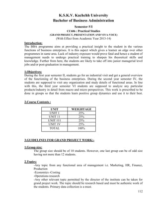 112
K.S.K.V. Kachchh University
Bachelor of Business Administration
Semester-VI
CC606 : Practical Studies
(GRAND PROJECT, PRESENTATION AND VIVA-VOCE)
(With Effect from Academic Year 2013-14)
Introduction:
The BBA programme aims at providing a practical insight to the student in the various
functions of business enterprises. It is this aspect which gives a learner an edge over other
programmes in same area. Lack of industry exposure would prove fatal and hence a student of
management needs to undergo practical training to sharpen his theoretical skills and
knowledge. Further from here, the students are likely to take off into junior managerial level
jobs and/or post-graduation in management.
1.Objectives:
During the first year semester II, students go for an industrial visit and get a general overview
of the functioning of the business enterprises. During the second year semester IV, the
students are supposed to visit any organization and study details of functional areas. In line
with this, the third year semester VI students are supposed to analyze any particular
products/industry in detail from macro and micro perspectives. This work is prescribed to be
done in groups so that the students learn positive group dynamics and use it to their best.
2.Course Contents :
UNIT WEIGHTAGE
UNIT 1 25%
UNIT 11 25%
UNIT 111 25%
UNIT 1V 25%
TOTAL 100%
3.GUIDELINES FOR GRAND PROJECT WORK:-
1.Group size:
The group size should be of 10 students. However, one last group can be of odd size
having not more than 12 students.
2.Topics:
-Any topic from any functional area of management i.e. Marketing, HR, Finance,
Production
-Economics -Costing
-Operations research
-Any other relevant topic permitted by the director of the institute can be taken for
grand project work. The topic should be research based and must be authentic work of
the students. Primary data collection is a must.
 